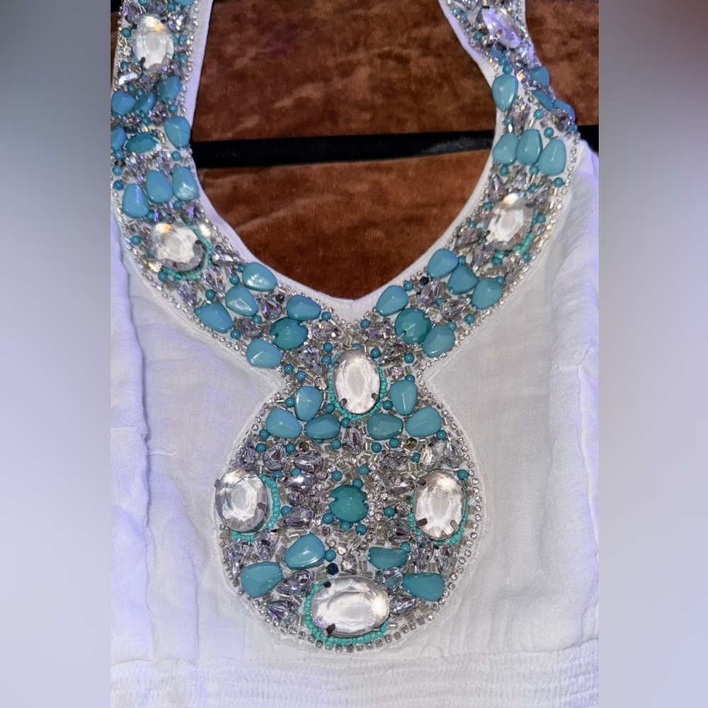 Boston Proper Elegant White Halter Dress with Blue Floral Accents - Maxi Dress - Picture 3 of 6